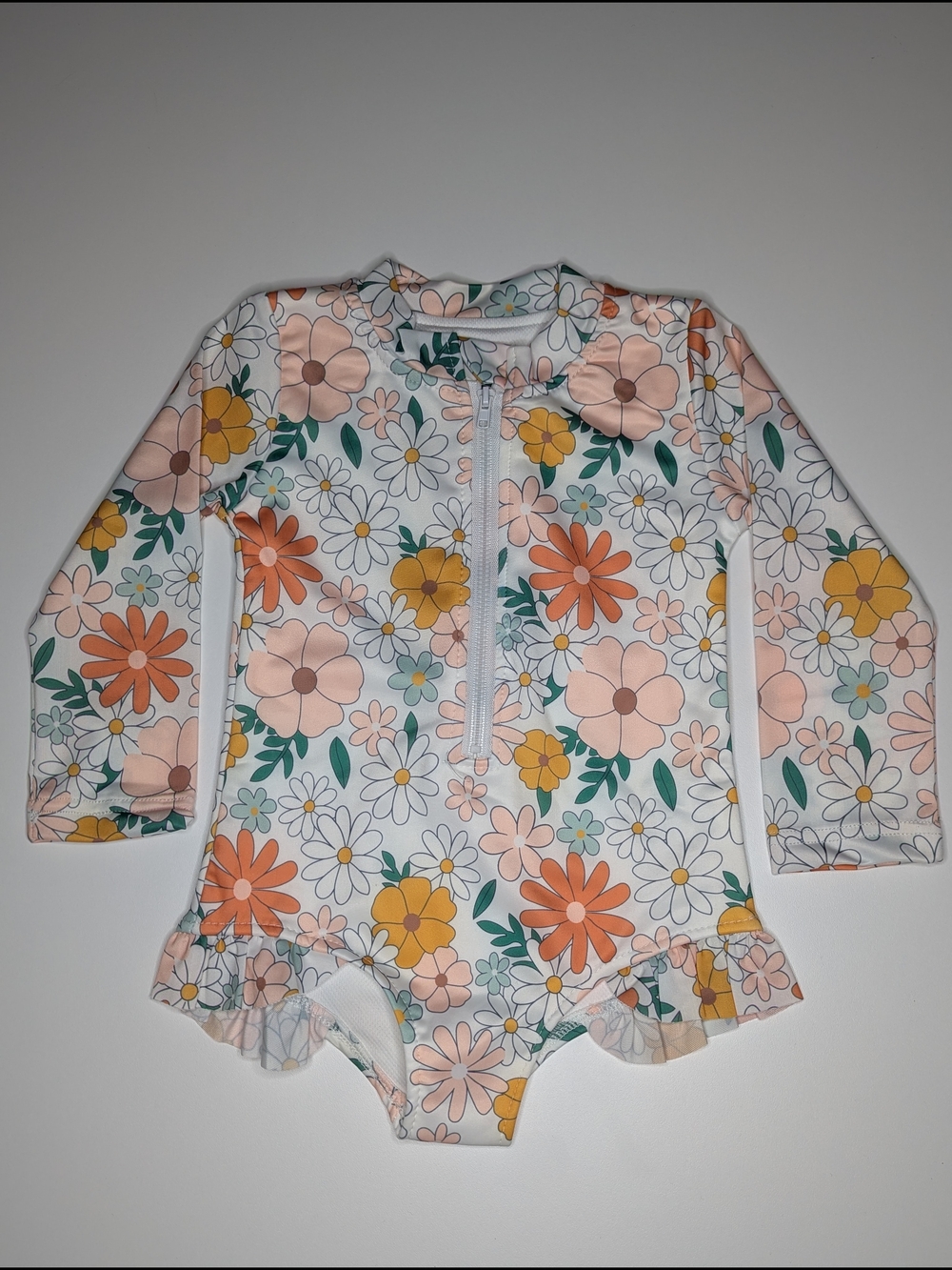 Floral Long-Sleeve Kids Swim One-Piece - Peach & Yellow